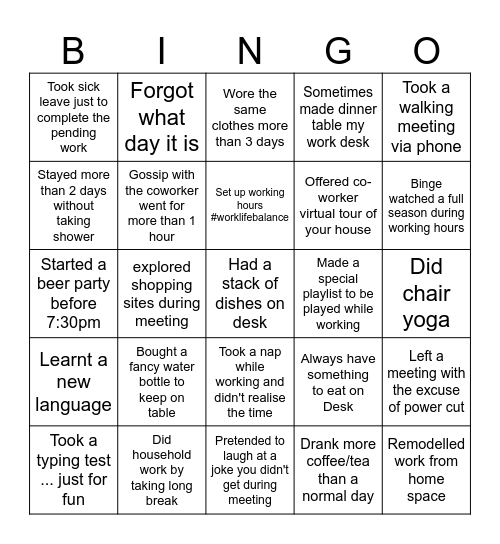 Work From Home Bingo Card