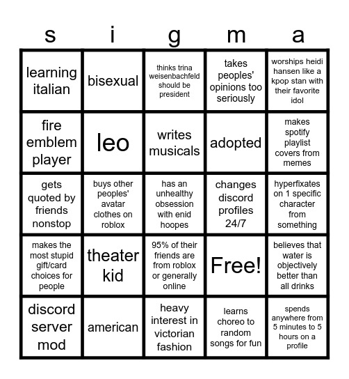 how similar are you to me bingo Card