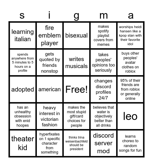 how similar are you to me bingo Card