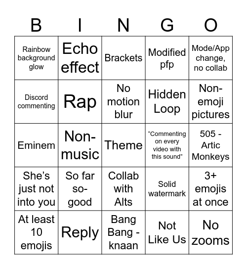 Commenting Bingo Card