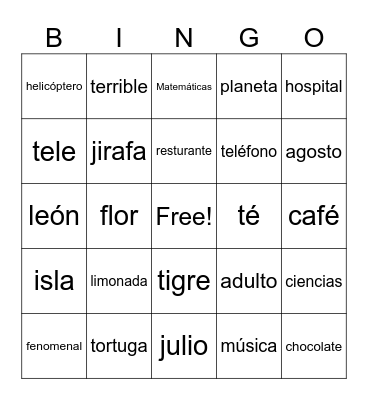 SPANISH COGNATE Bingo Card