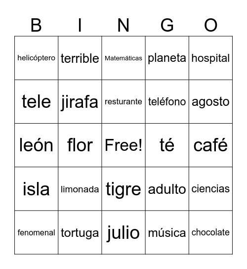 SPANISH COGNATE Bingo Card