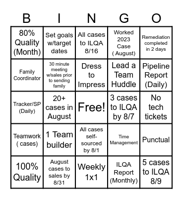 Team Carter BINGO Card