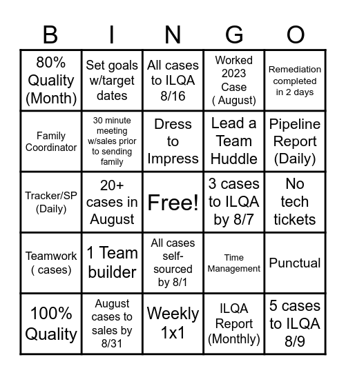 Team Carter BINGO Card