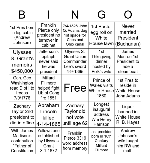 United States History Bingo Card