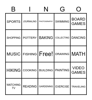 HOBBIES Bingo Card