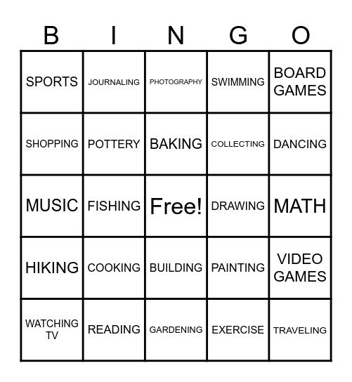 HOBBIES Bingo Card