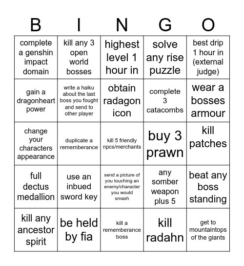 elden ring Bingo Card