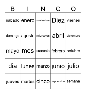 Cortes Dias/Meses/numeros Bingo Card