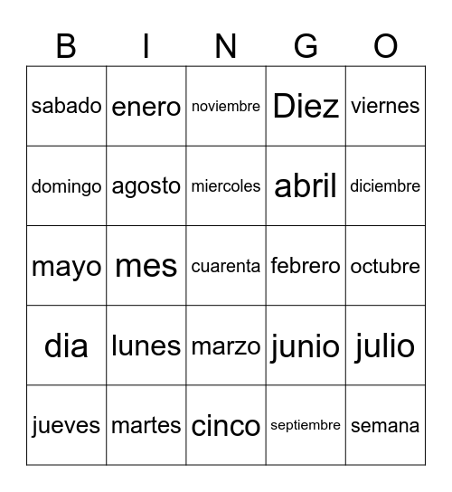 Cortes Dias/Meses/numeros Bingo Card