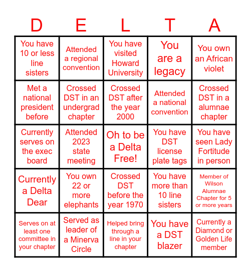 Delta Sigma Theta Bingo Card