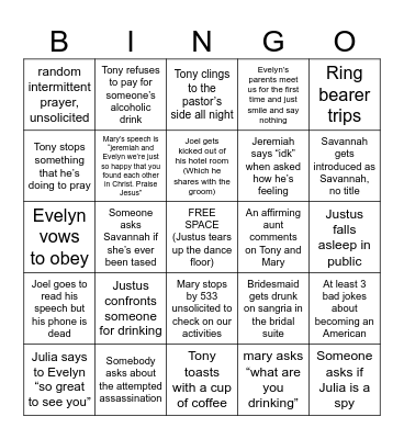 Arthur Wedding Bingo Card