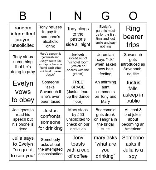 Arthur Wedding Bingo Card