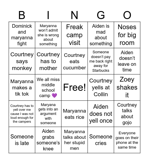 Camp Bingo Card