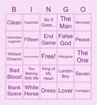 Taylor Swift Bingo Card