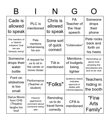 Frisco ISD Fine Arts Bingo Card