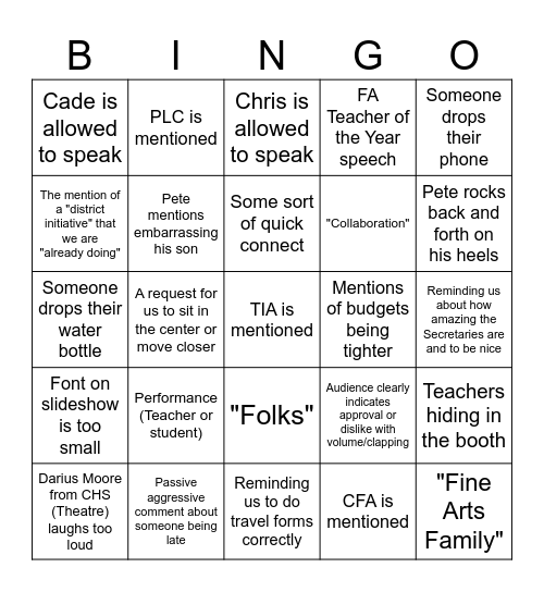 Frisco ISD Fine Arts Bingo Card