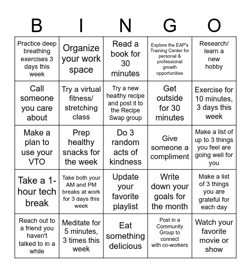 Wellness BINGO! Bingo Card