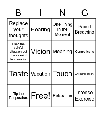 Distress Tolerance Bingo Card