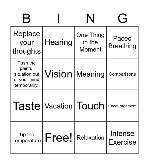 Distress Tolerance Bingo Card