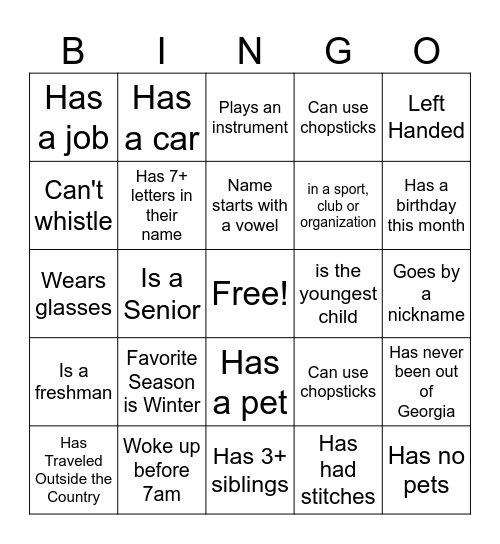 Get To Know You Bingo Card