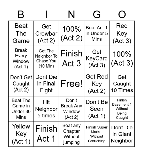 Hello Neighbor By Tony Builds Bingo Card