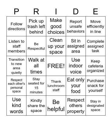 PRIDE Expectations Bingo Card