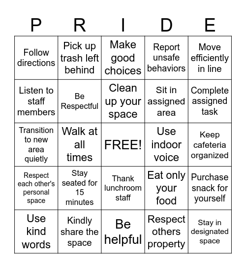 PRIDE Expectations Bingo Card