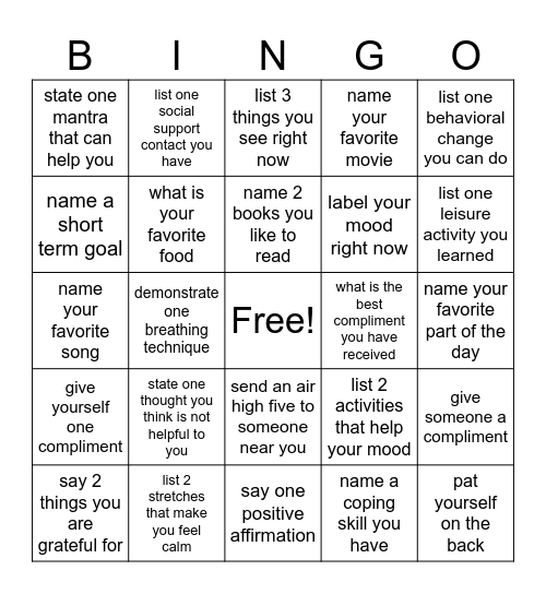 mental health bingo Card