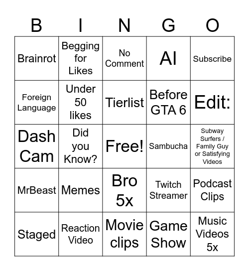 Shorts Bingo Card