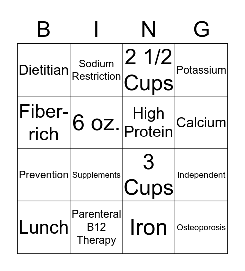 Nutrition & the Elderly Bingo Card