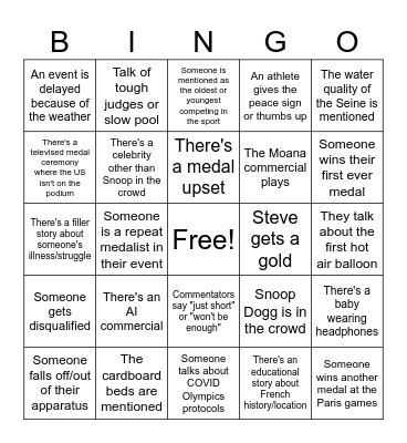 Summer Olympics Bingo Card