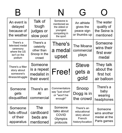 Summer Olympics Bingo Card