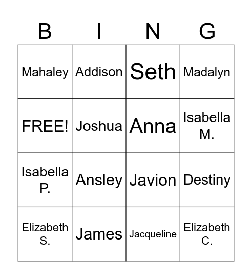 Beginning Chorus: 2 Bingo Card
