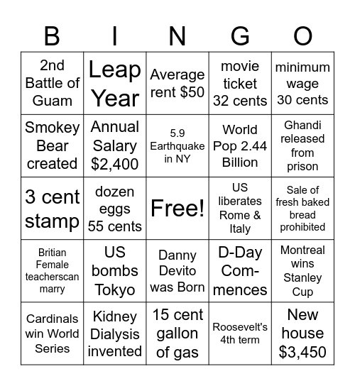 1944 BINGO Card