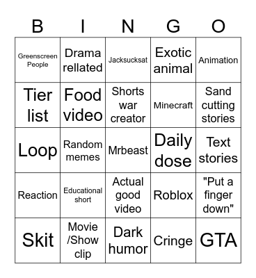 YouTube Shorts Bingo Card