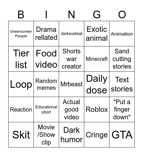 YouTube Shorts Bingo Card