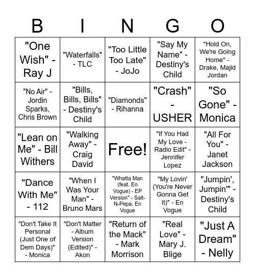 R & B Music Bingo Round #3 Bingo Card