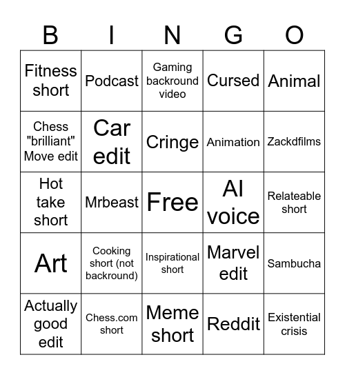 Shorts bingo Card