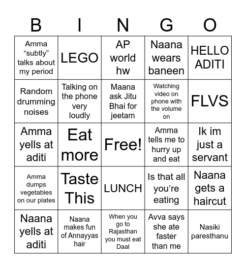 Adult bingo Card