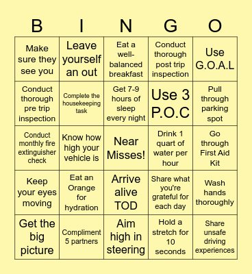 Safety Bingo Card