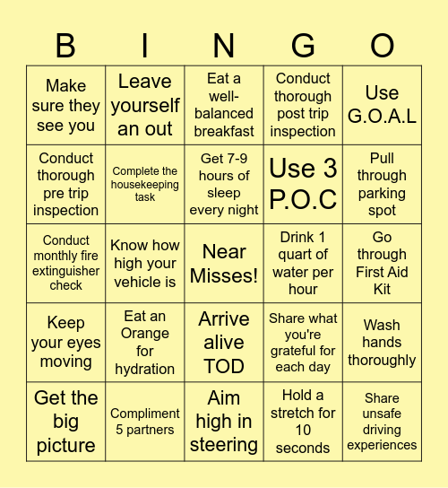 Safety Bingo Card