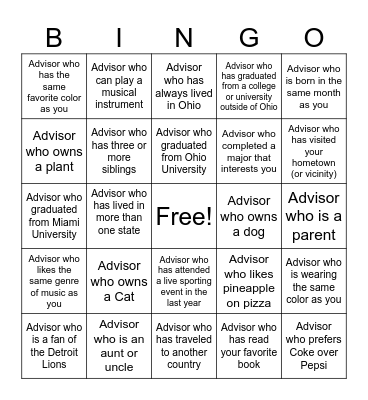 Get to Know your Advisor! Bingo Card