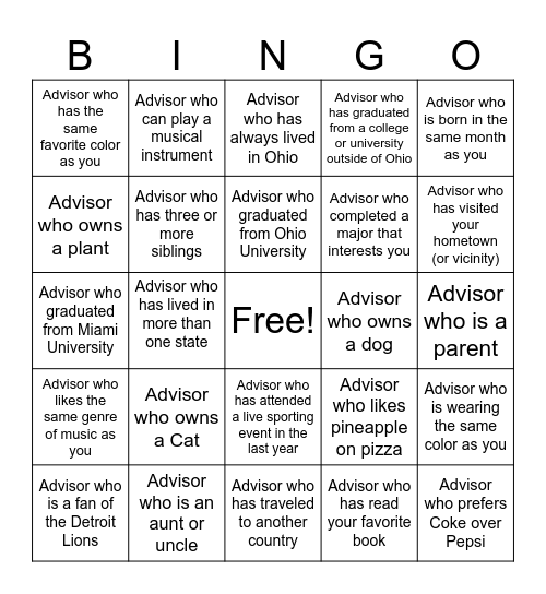 Get to Know your Advisor! Bingo Card