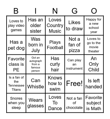 Back To School Bingo Card