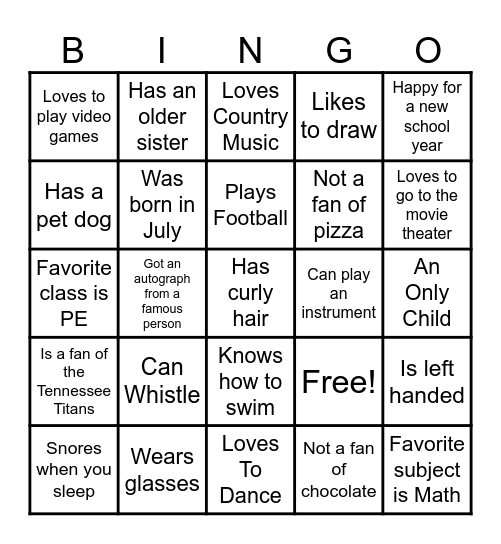 Back To School Bingo Card