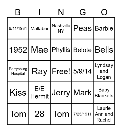 Austin  Family  Trivia Bingo Card