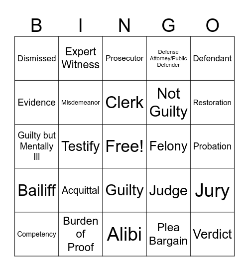 Competency Restoration Bingo Card