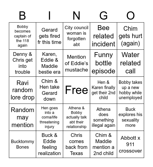 9-1-1 Season 8A Bingo Card