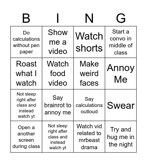 What my brother will do Bingo Card